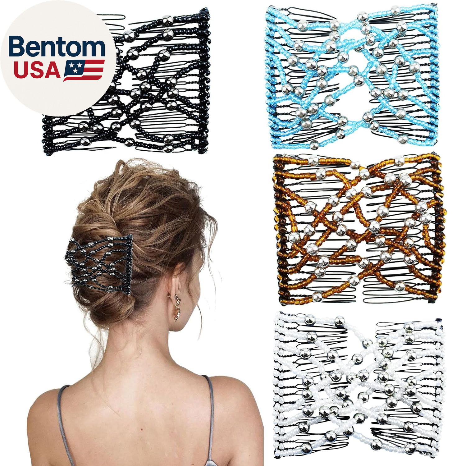 4 Pieces Elastic Beaded Magic Hair Comb Stretchy Double Comb Hair Fork Clips No