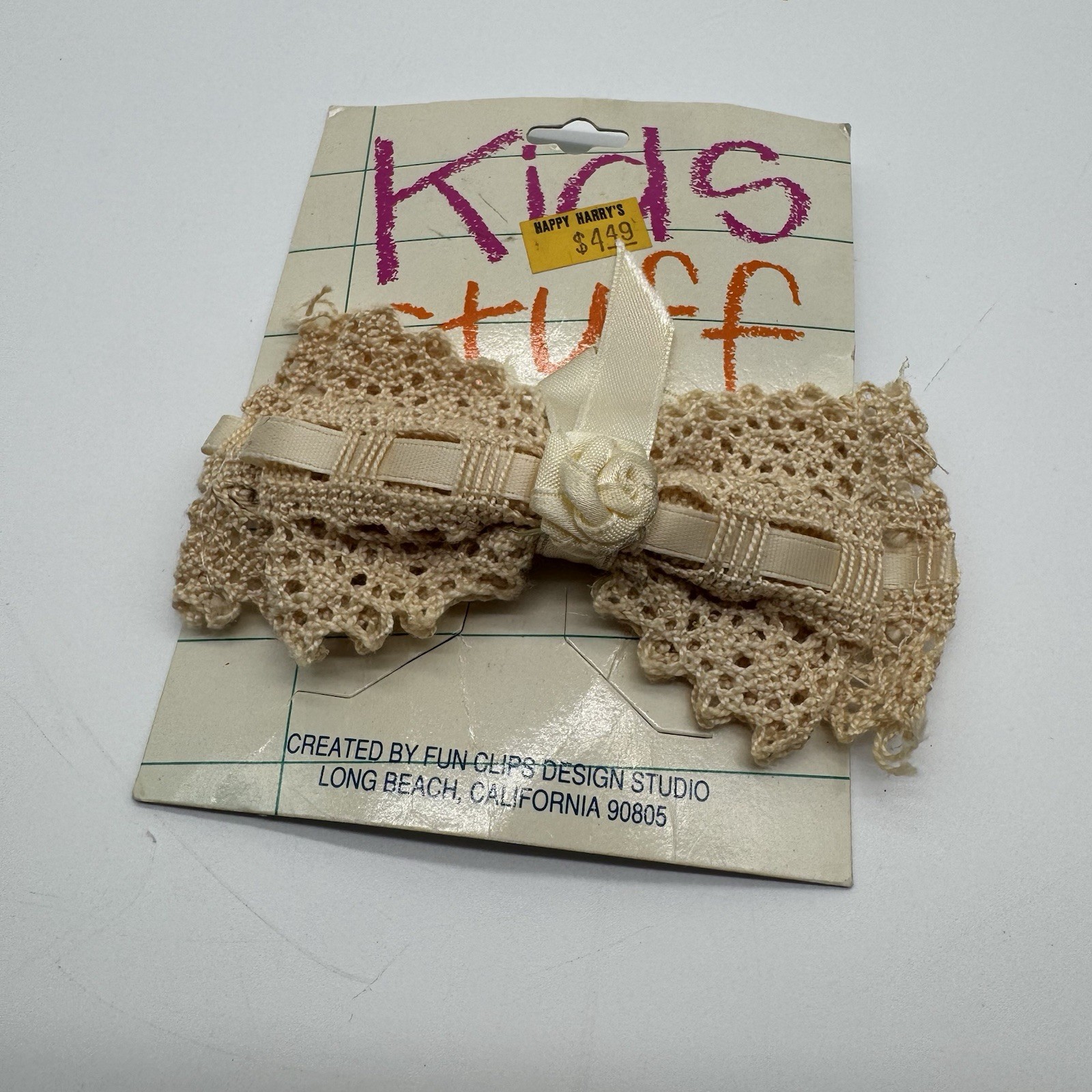 VTG 90s Hair Bow Barrette Clip Ribbon Ruffle Doily, Crochet Kids Happy Harrys