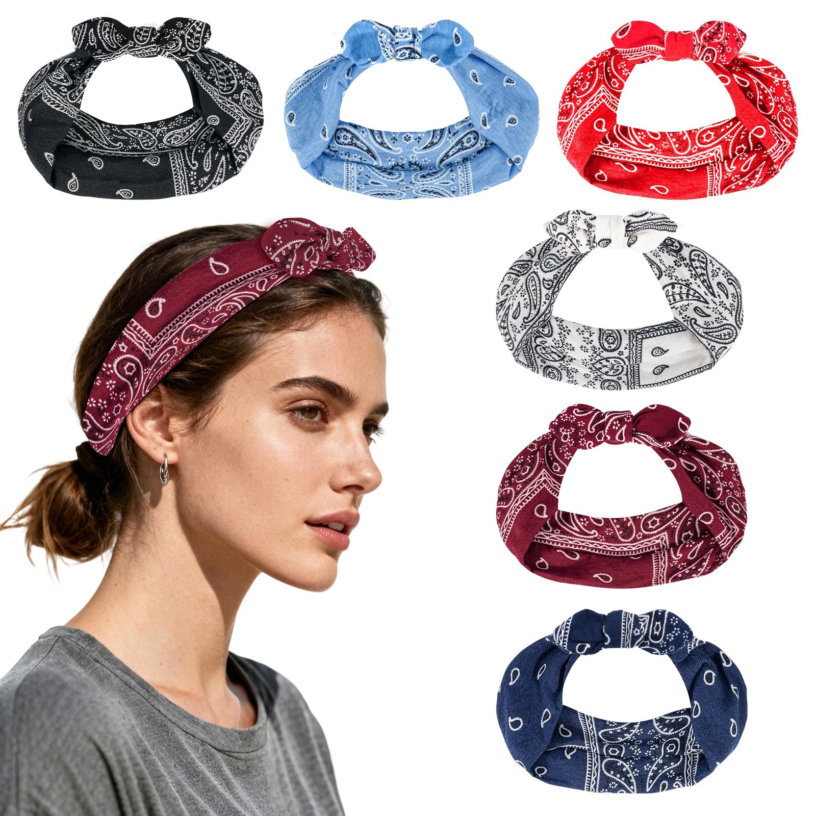 Boho Bow Headbands for Women, 6 Pack Elastic Knotted Hair Band Fashion Paisley P