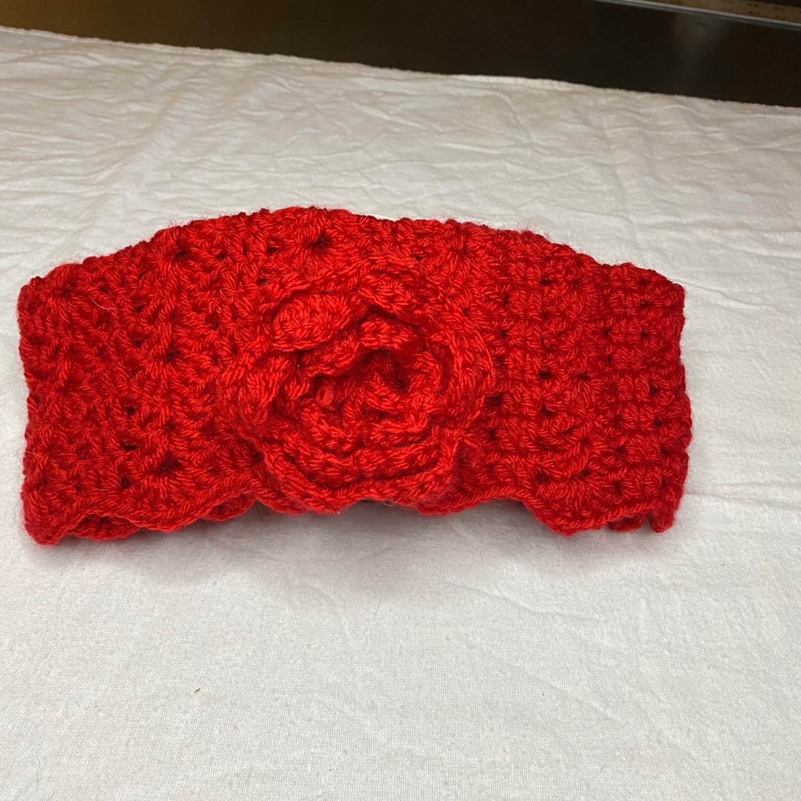 Handmade Red Crochet Rose Ear Warmer Headband Winter Floral Knit Accessory