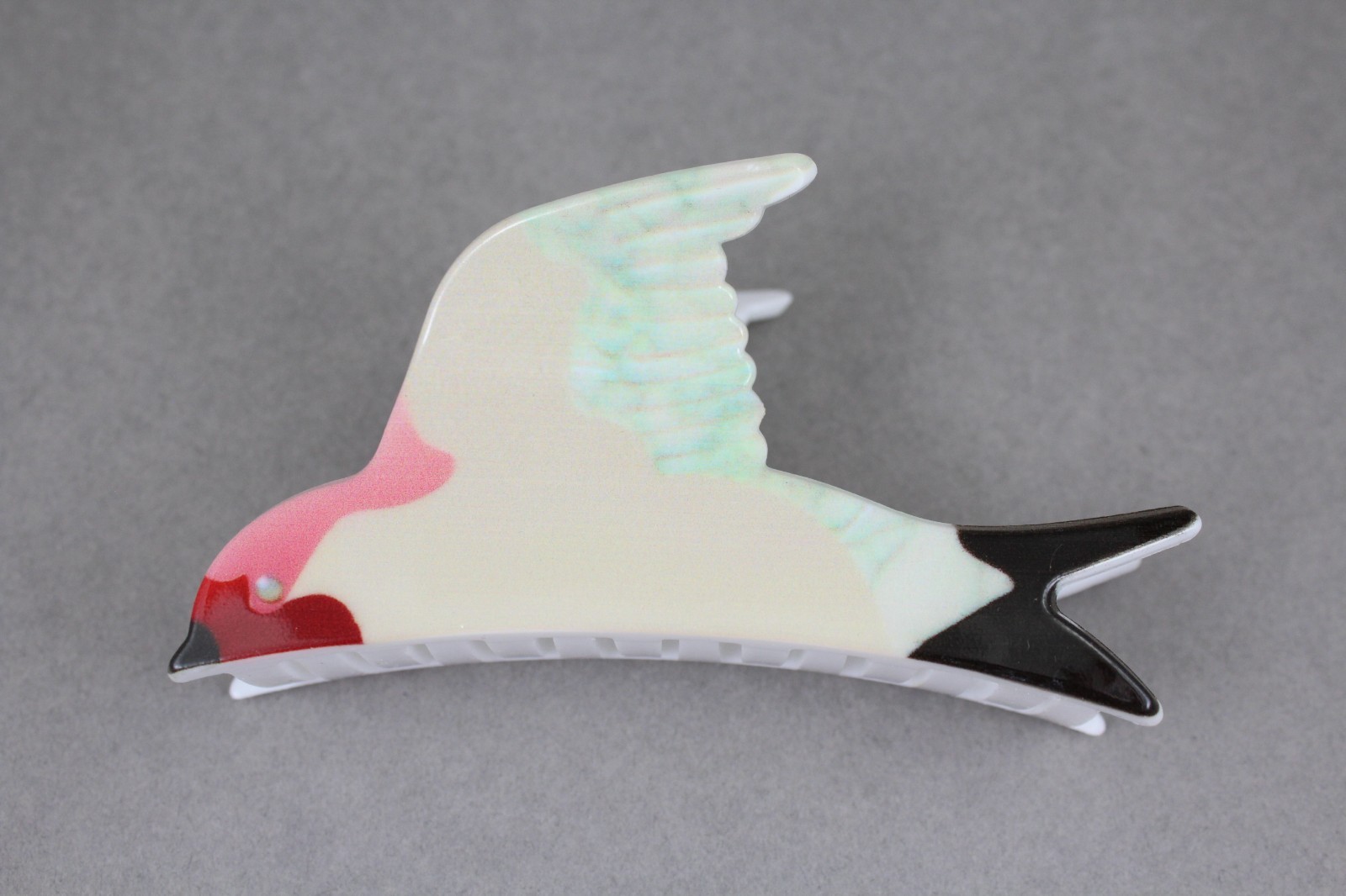 Sparrow hair clip claw clamp 4 3/8″ long bird wings flying swallow green tan