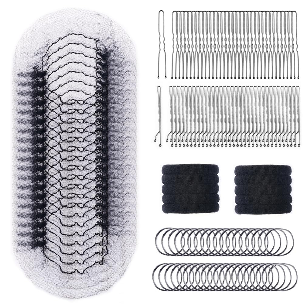 260PCS Hair Nets Set-50 Pcs 24 Inch Black Hair Nets with 50 U-Shaped Pins 50