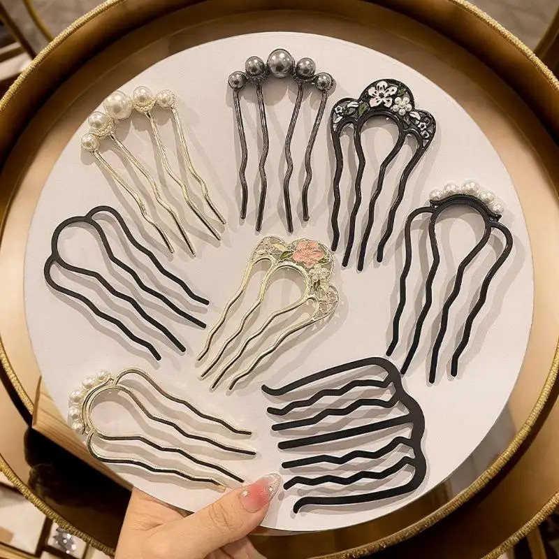 Metal U-shaped Hair Fork Combs Pearl Tassel Sticks Clip Hairpins for Women