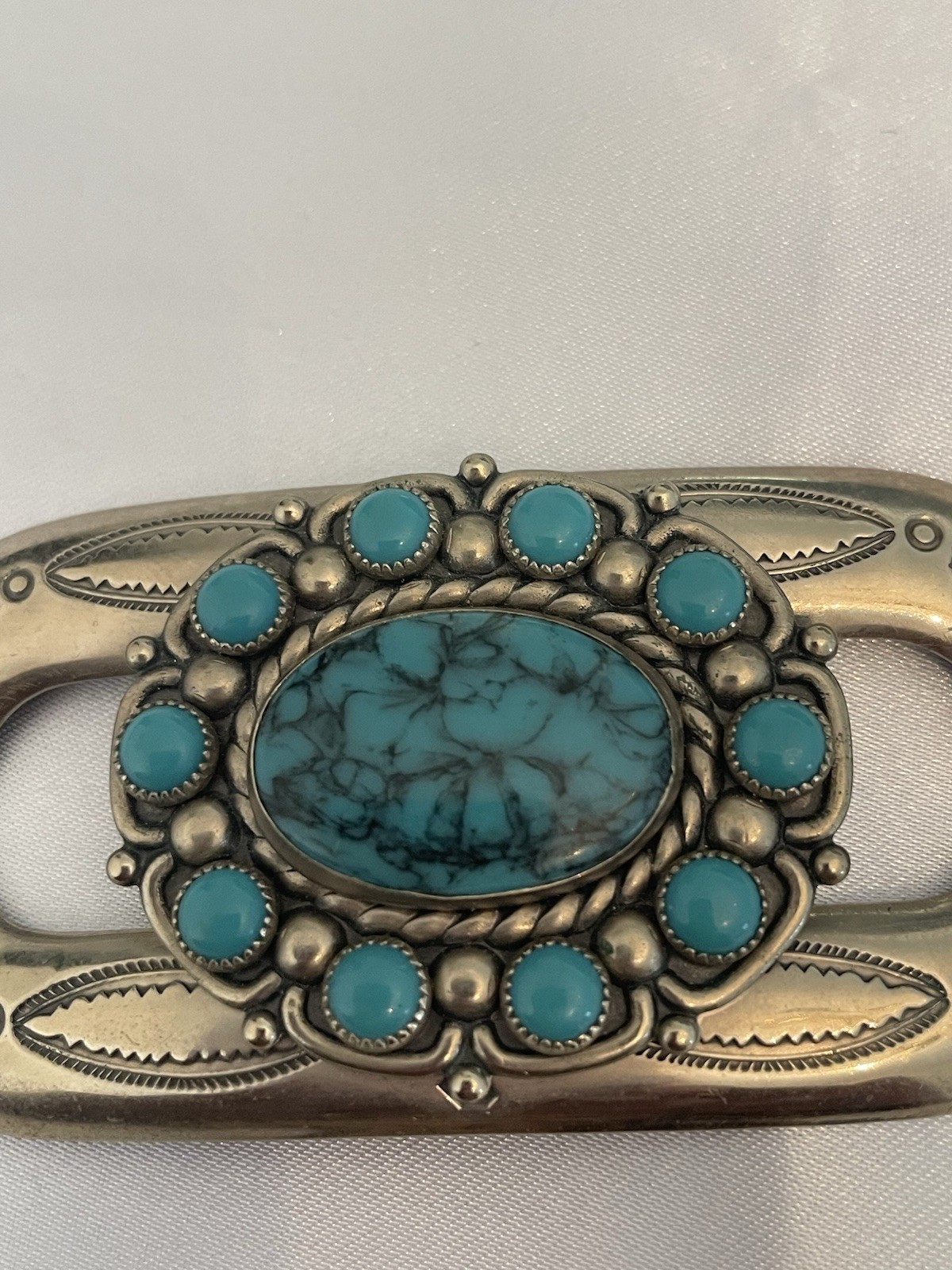 VTG Bell Trading Post Nickel Silver Faux Turquoise Hair Holder Or Belt Ornament