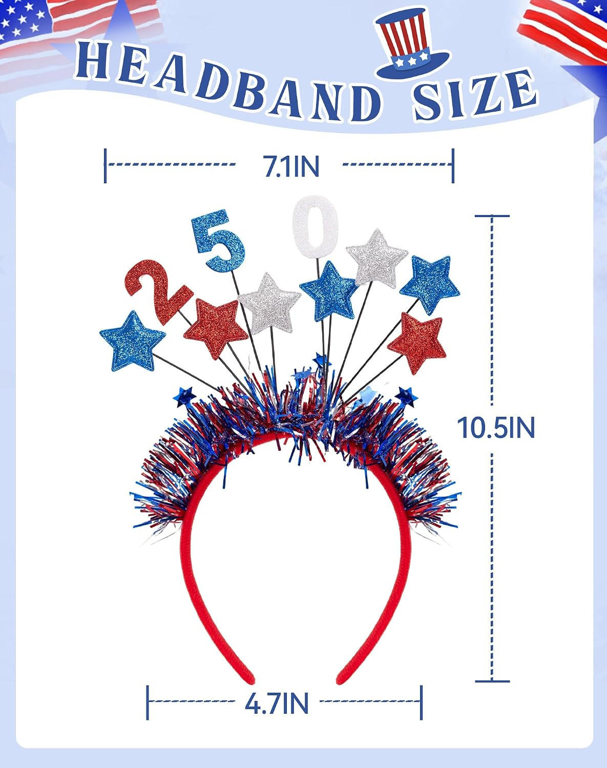 4Th of July Headband, Patriotic USA Hair Accessories Red White Blue Star Tinsel