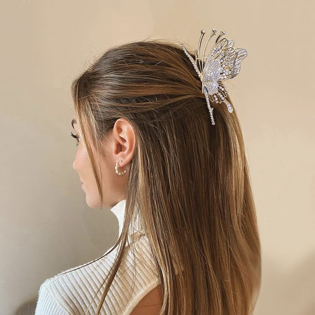Butterfly Hair Claw Clips for Women, 2Pcs Rhinestone Large Non-Slip Strong Metal