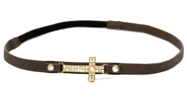 BROWN LEATHER RHINESTONE PAVE CROSS HAIRBAND HAT HEADBAND CRYSTAL STRETCH ELAST