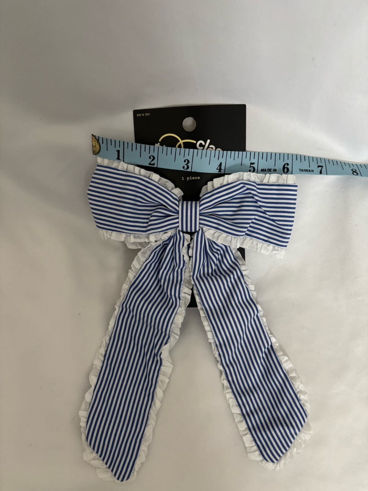 Art Class Women’s Blue & White Striped Fabric Bow Barrette with Ruffle Trim