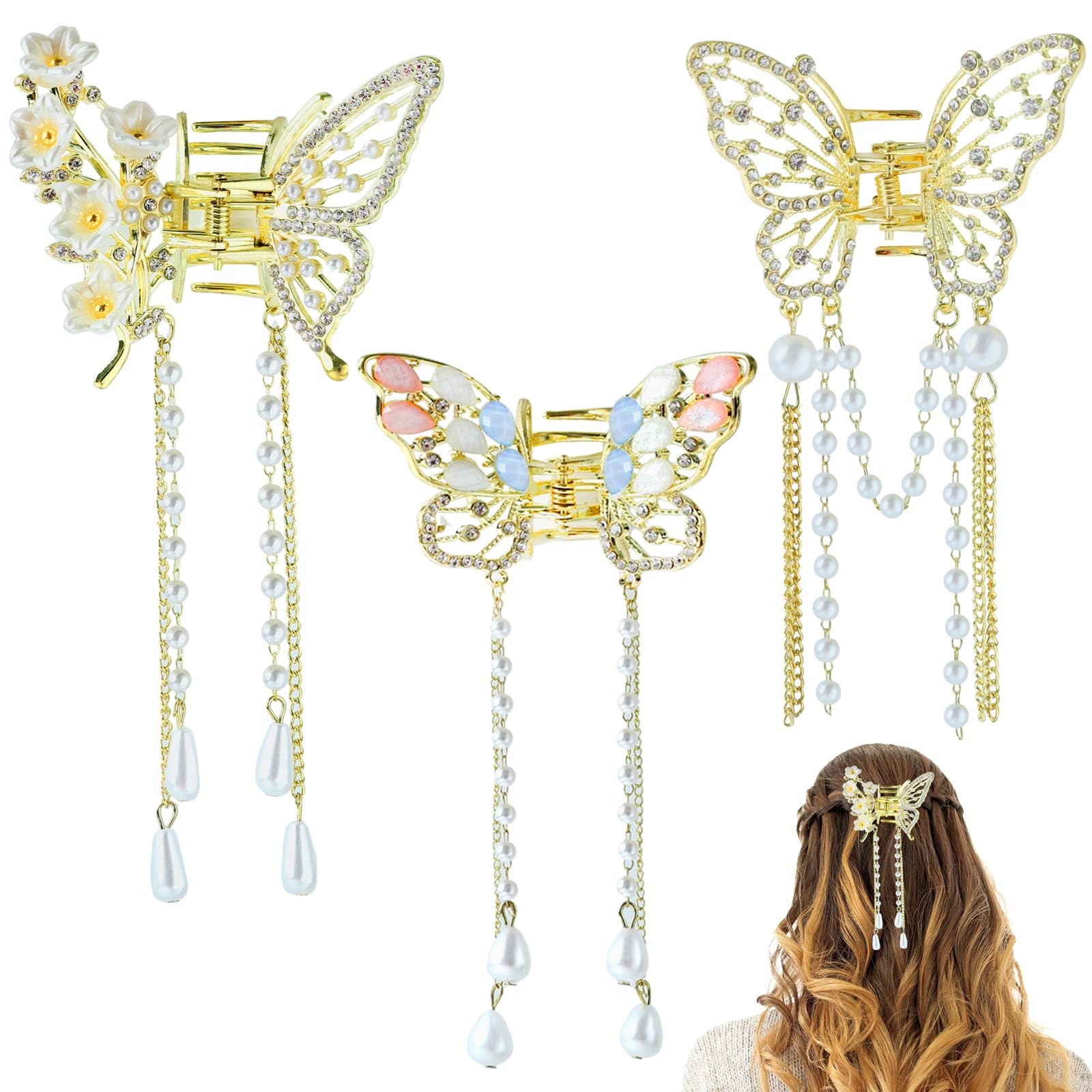 QXUJI 3PCS Butterfly Hair Claw Clip With Pearl and Rhinestone Tassel, Gold