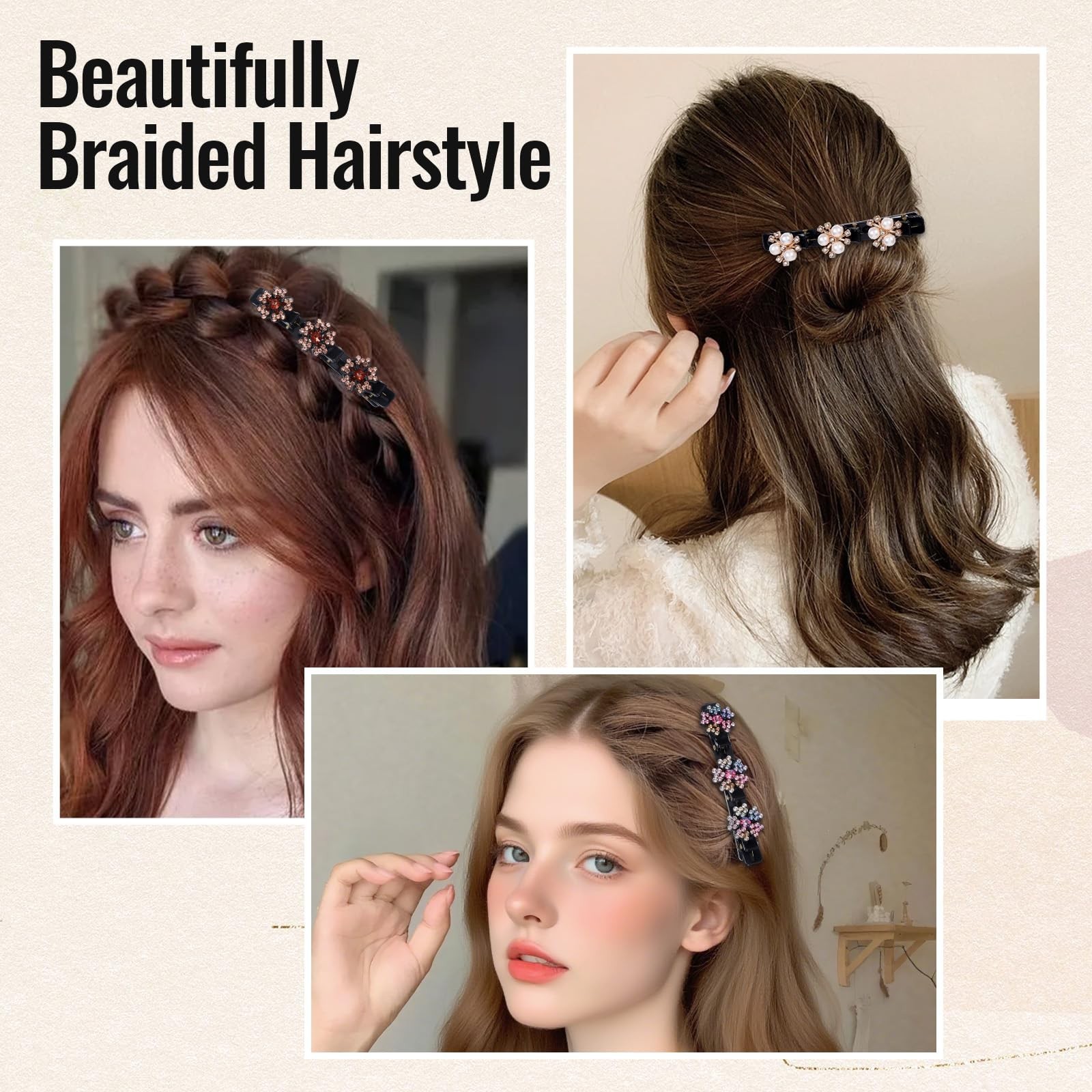 Braided Hair Clips for Women, Sparkling Crystal Stone Pearl Barrette, 8PCS Rh…