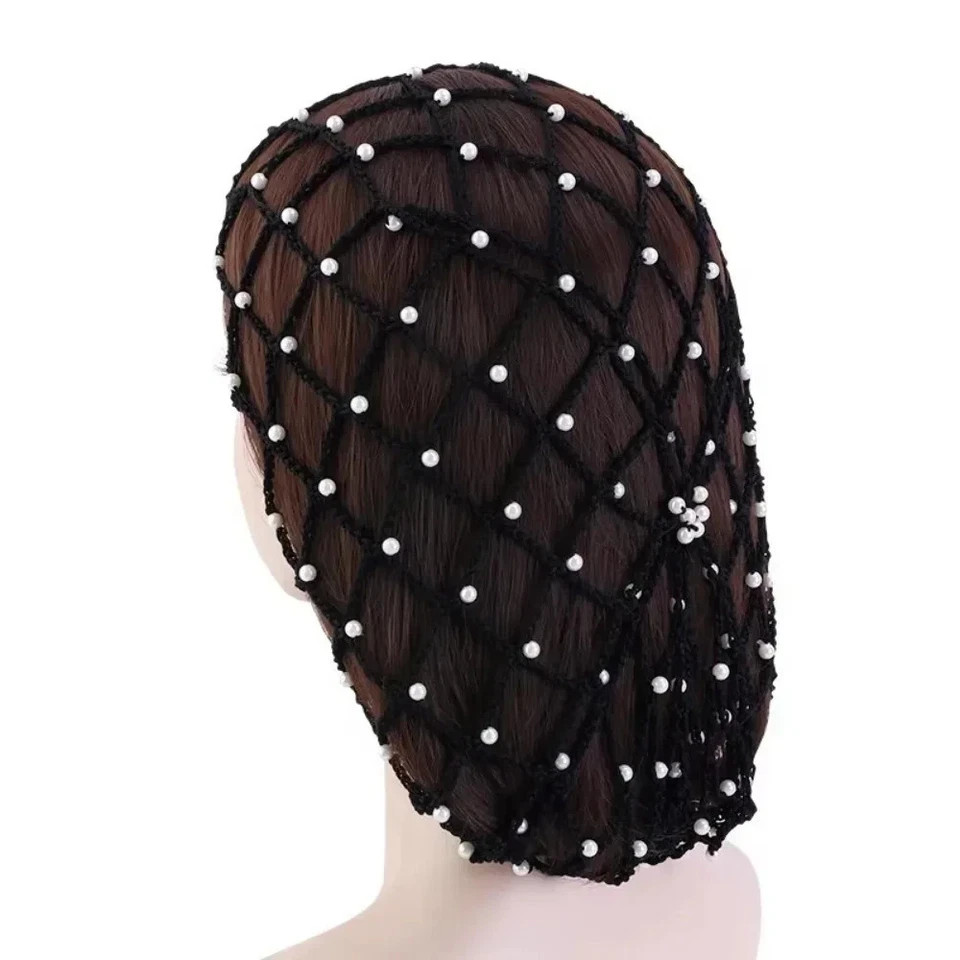 Crochet Hairnet Hair Net French Mesh Fish Net Snood with Pearls Women