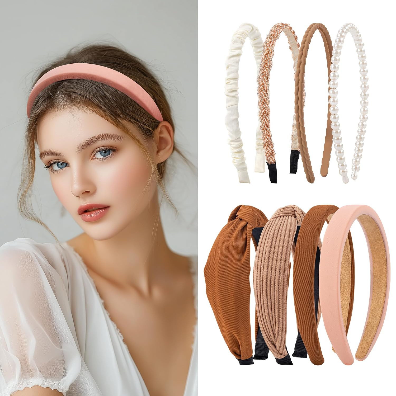8 Pack Brown Headbands for Women Girls Non Slip Floral Padded Hairbands Cute Pea