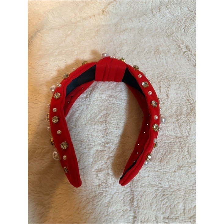 Red Knotted Headband with Faux Pearls and Crystal Rhinestone Embellishments