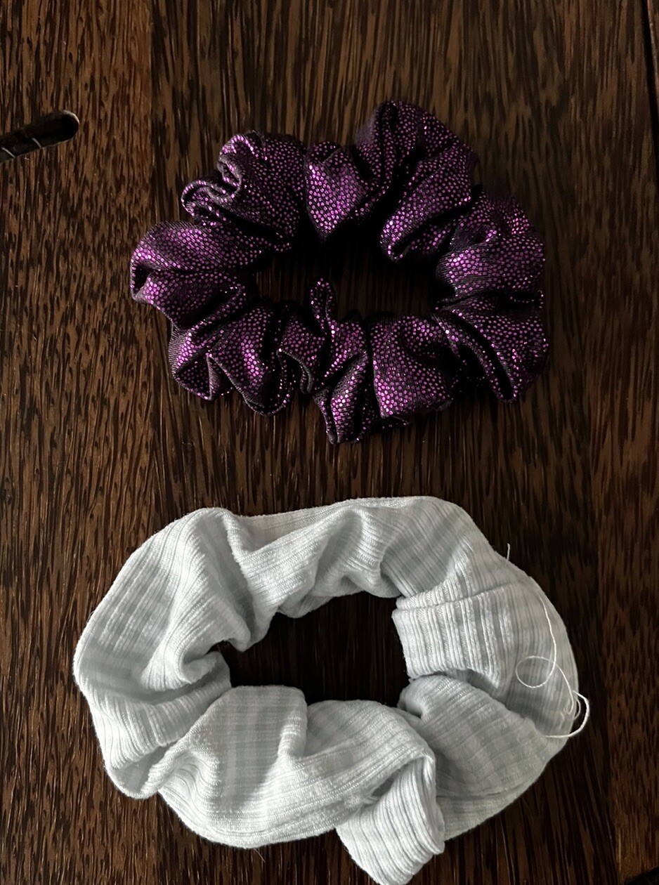 Vintage Large Ponytail Holder Scrunchie Shiny Purple & White Checkered Lot of 2
