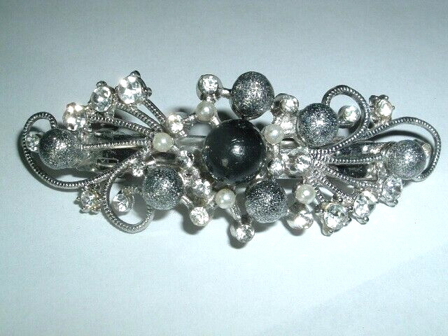 Black Pearl White Rhinestone Glitter Hair Barrette NWT