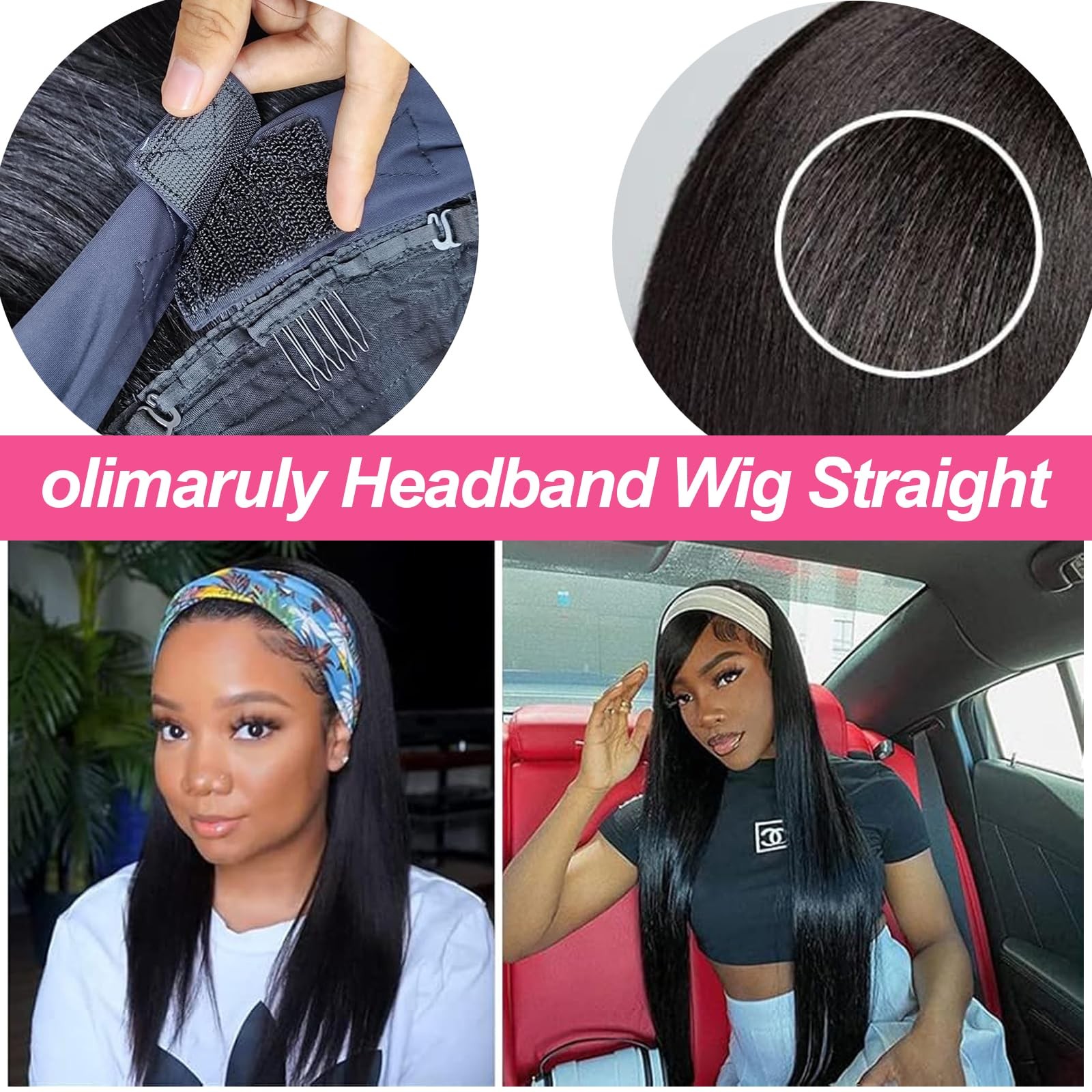 olimaruly Straight Headband Wig Human Hair 16 Inch Natural Black None Front Lace