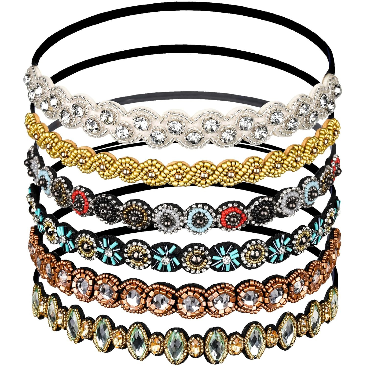 6Pcs Rhinestone Beaded Headbands for Women & Girls – Multicolor