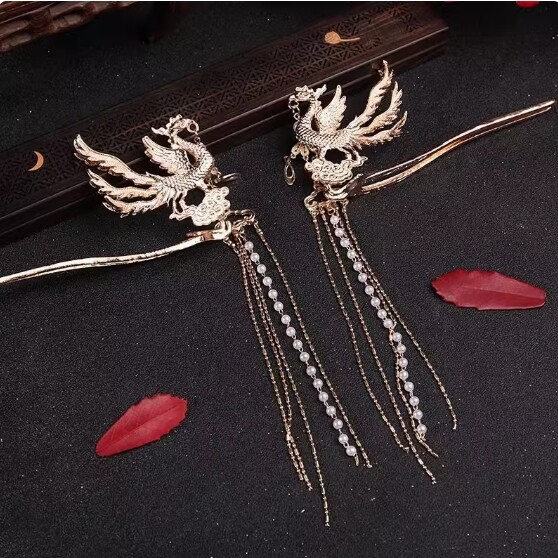 Ancient Chinese Hanfu Headdress Phoenix Hair Crown Hairpin Full Set Fairy Tassel