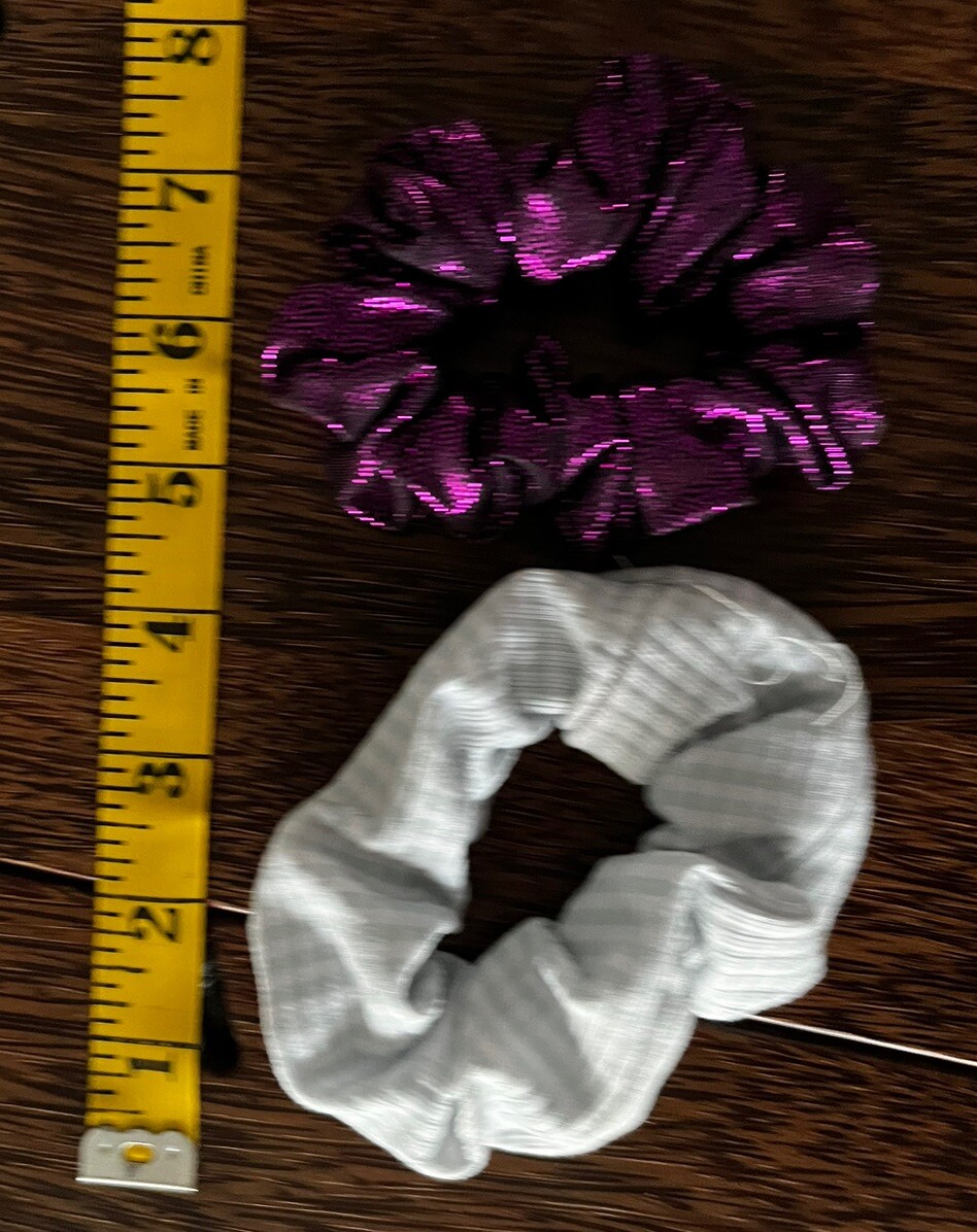 Vintage Large Ponytail Holder Scrunchie Shiny Purple & White Checkered Lot of 2