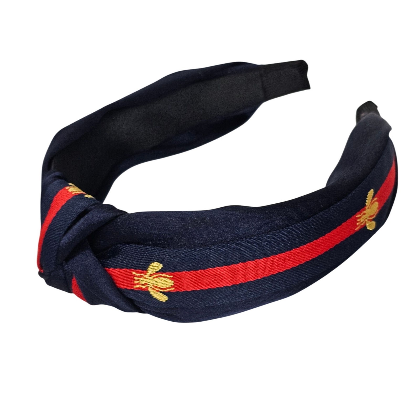 Business Casual Preppy Academia Navy Blue Red Stripe Gold Bee Hair Headband