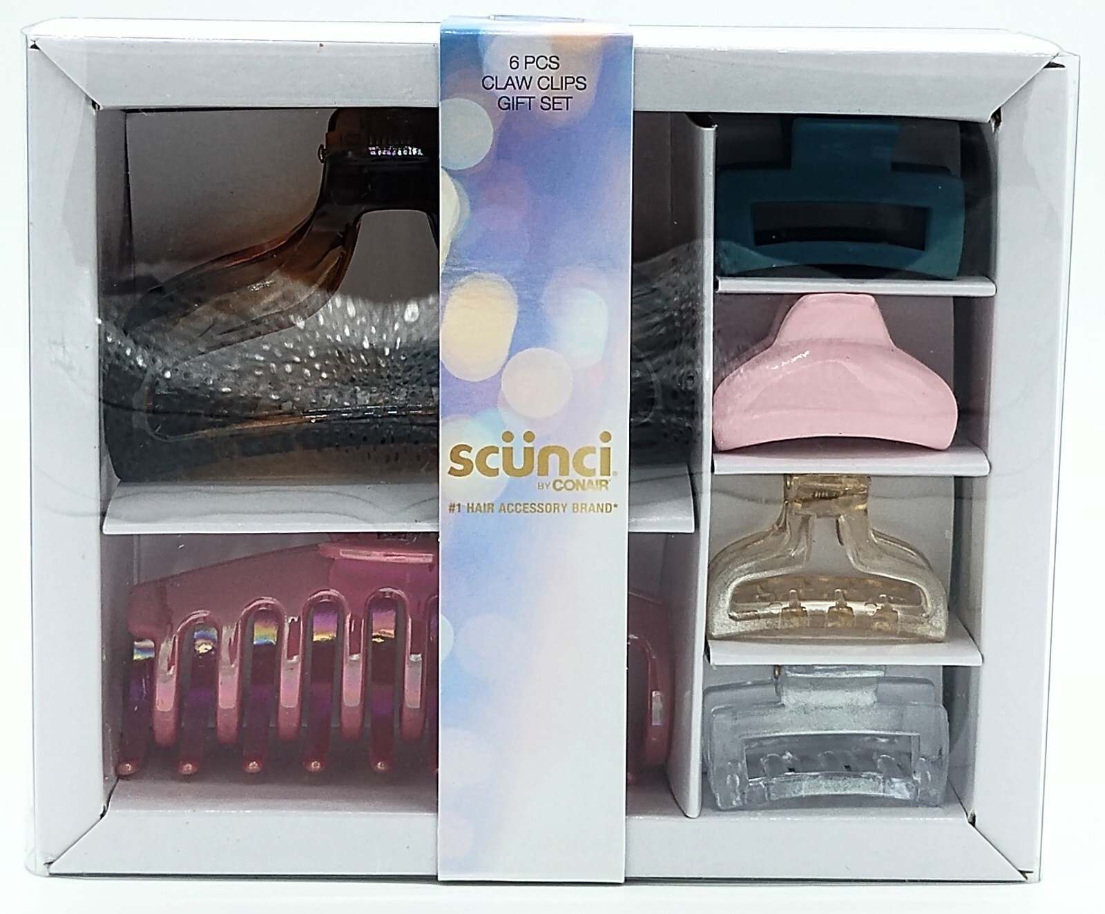 Scunci Hair Clips 6 Pieces Claw Variety Multicolor Multi Size