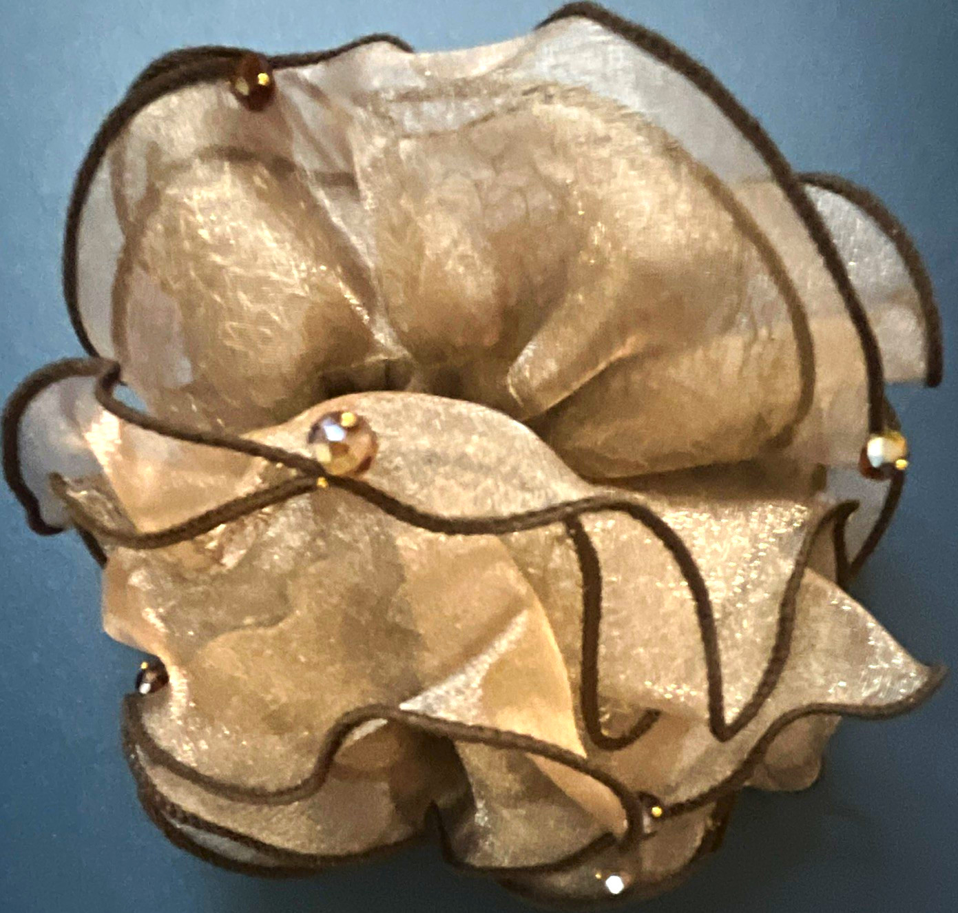 Sheer Organza Hair Scrunchie Beige w/ Black Trim & Gold Beaded Accents
