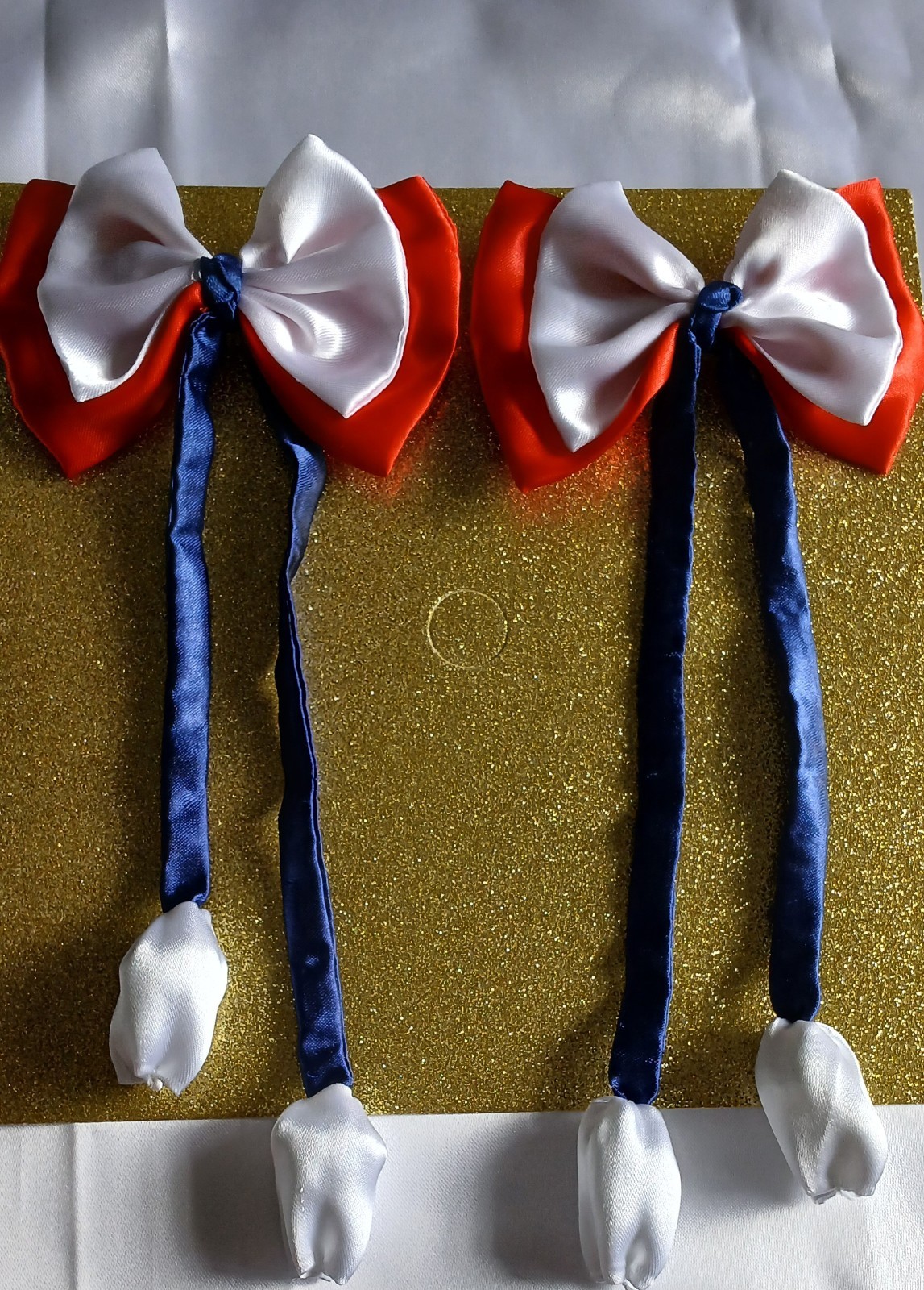 Set of 2 Red & White Satin Bow Hair Clip Barrettes w/ Long Blue Ribbon Tails