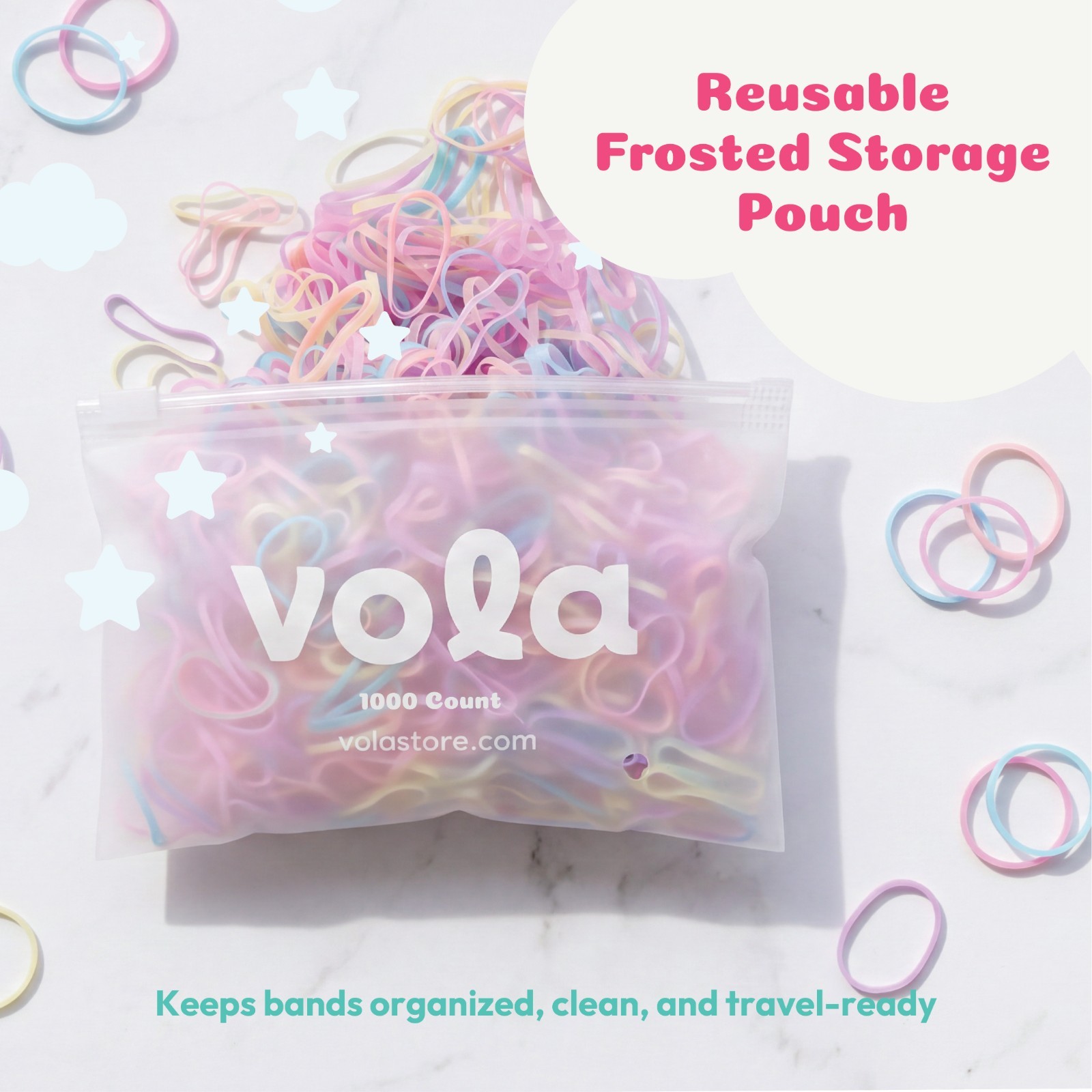 VOLA Elastic Hair Bands Kids and Adults 1000 Ct, Pastel Assorted Colors