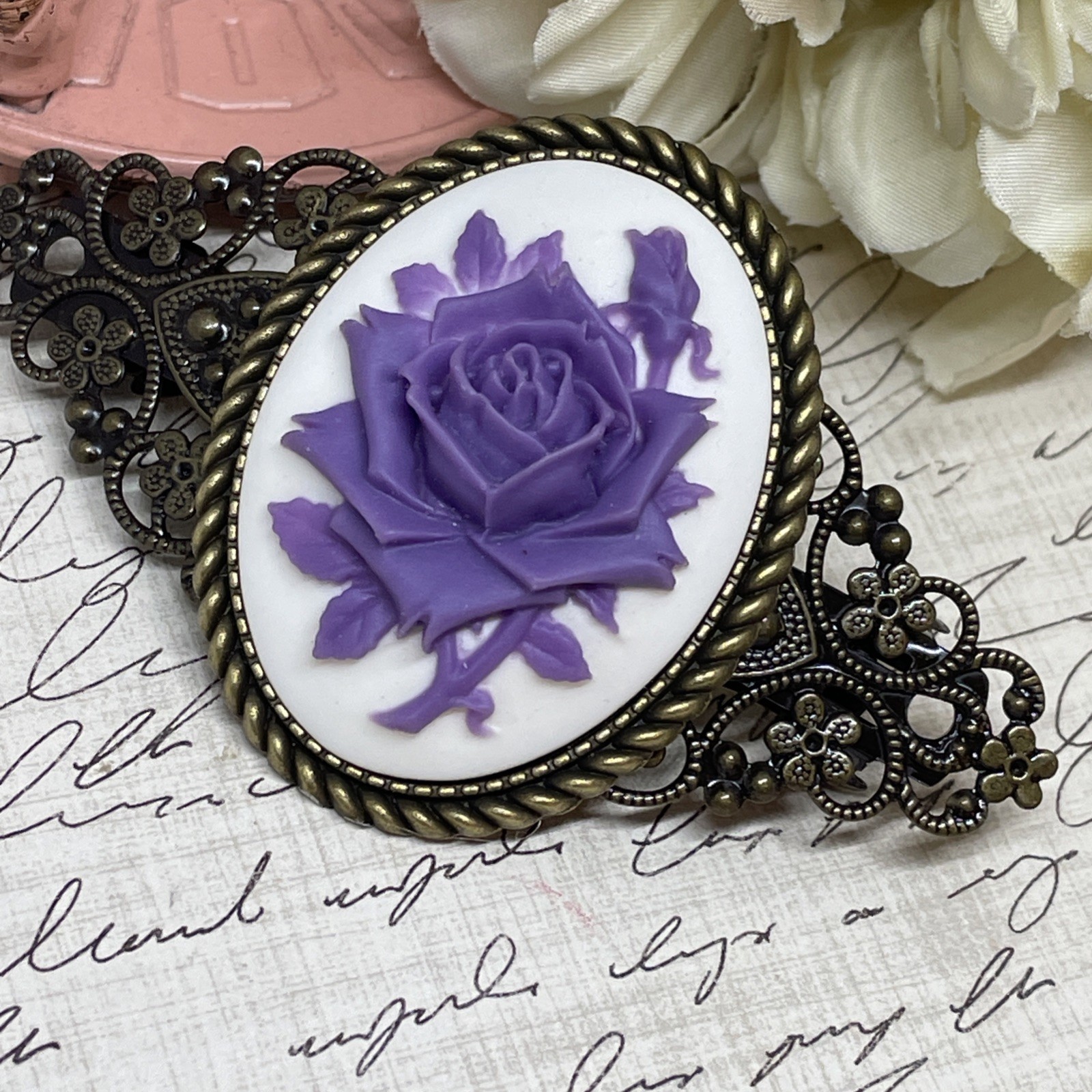Purple White Rose Cameo Flower Anniversary Wedding Pin Hair Clip Jewelry Comb