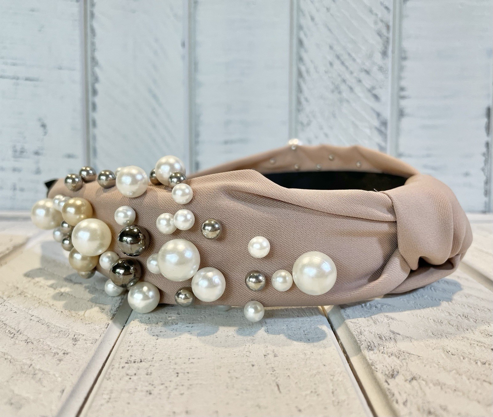 Decorative Faux Pearl Beaded Top Knot Headband Taupe Fashionable Hair Accessory