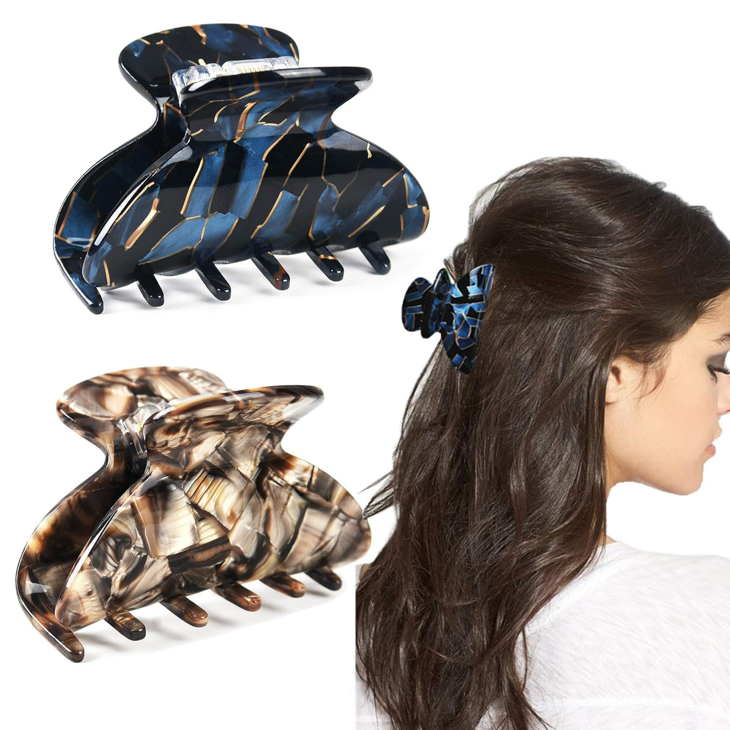 2Pcs Medium Tortoise Shell Claw Hair Clips, Elegant French Design Celluloid Hair