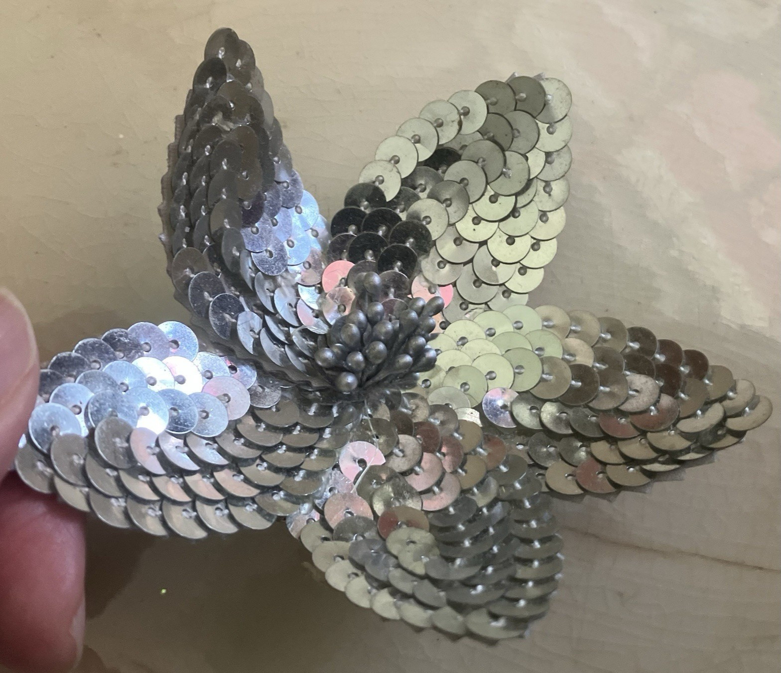 Vintage Look Silver Metallic Sequin & Bead-like Petal Flower BROOCH or Hair CLIP