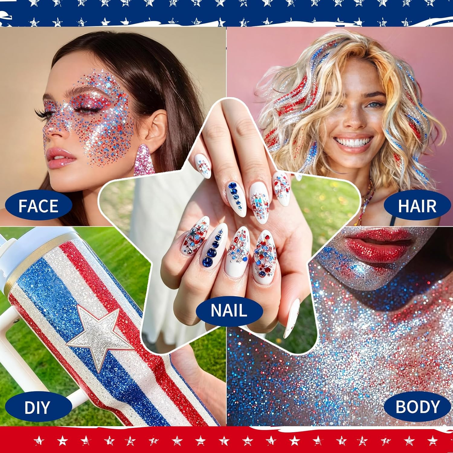 6Pcs Red White Blue Hair Glitter Stick, 4 Styles Face & Body Glitter | Waterproo
