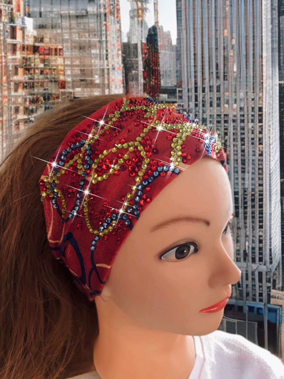 Beautiful Red Abstract Design And Rhinestone Stretch Headband, Handmade