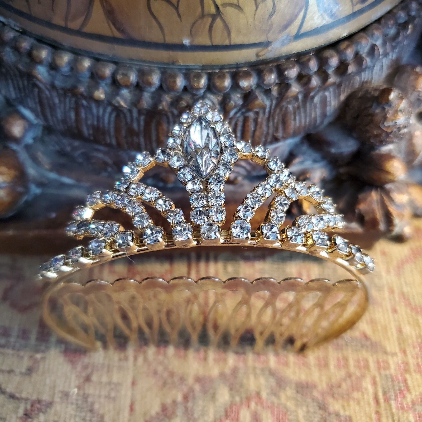 Hair Comb Rhinestone Crown Bun Decoration Marquis Cut Main Princess Queen Royal
