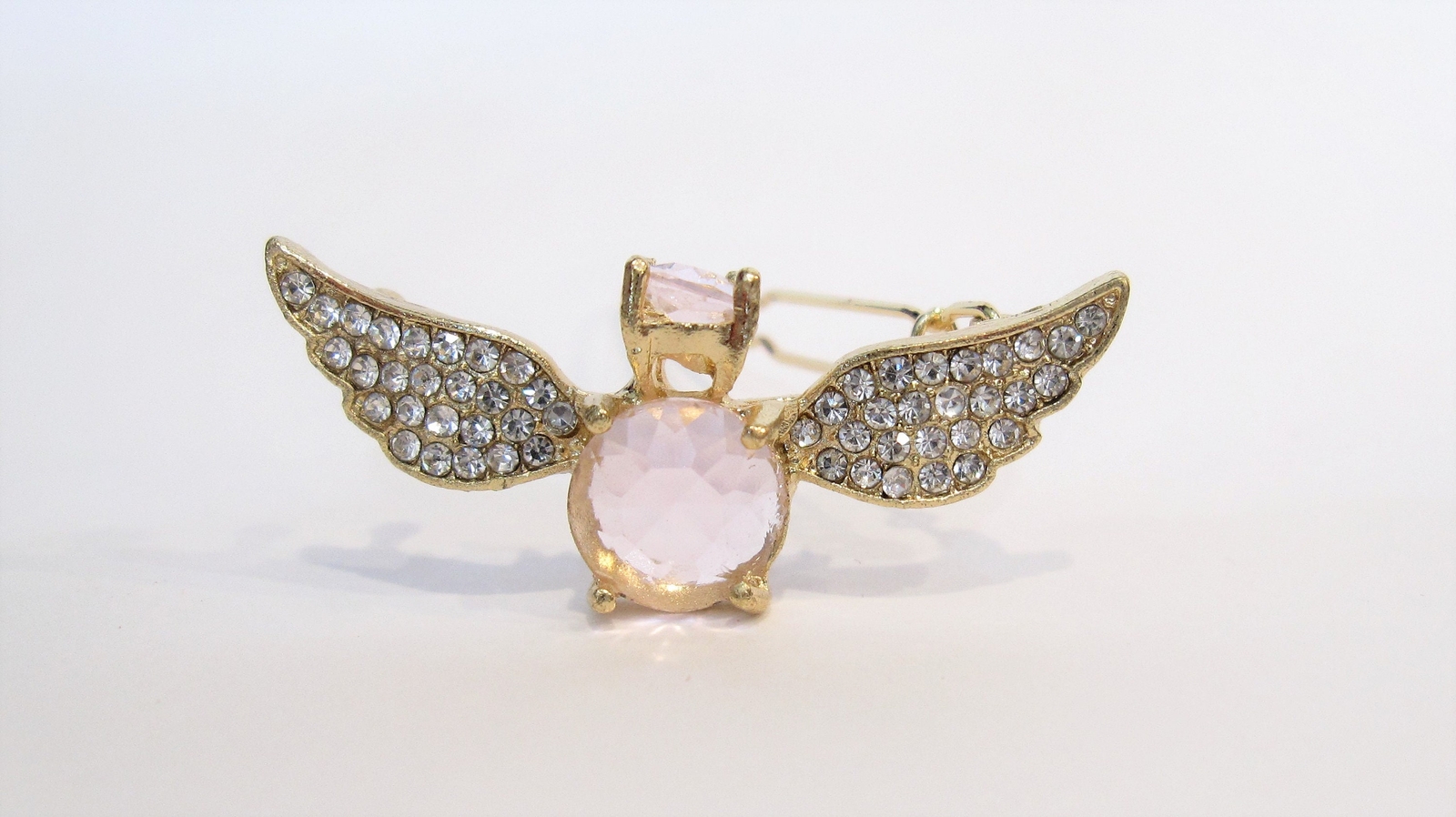 Small gold and pink crystal angel hair pin barrette bridal clip