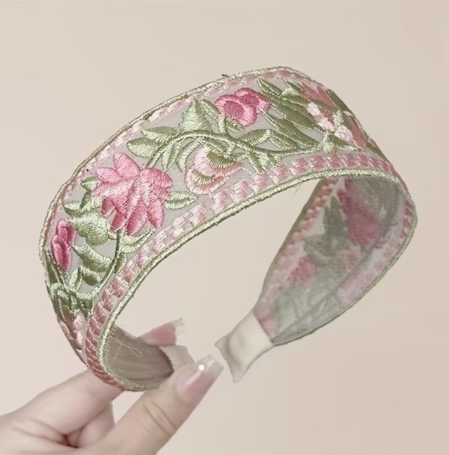 Vintage Retro Green And Pink Embroidered Lace Fabric Hair Band Headband