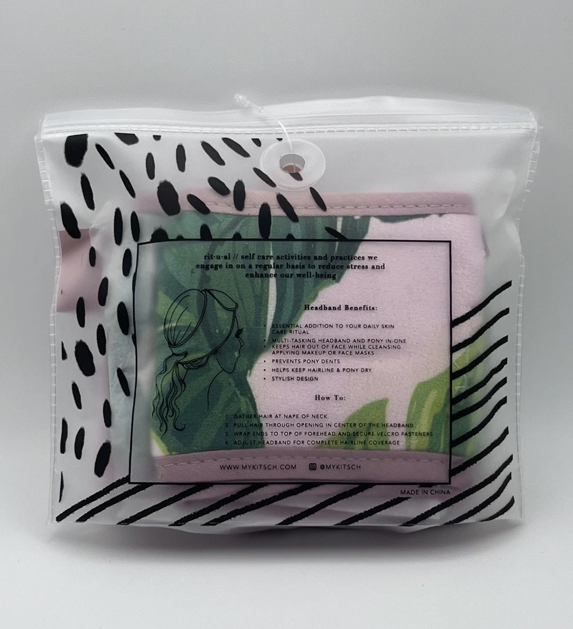 Kitsch Spa Headband Eco Friendly w/ Waterproof Pouch Pink Palm Leaf ~ New