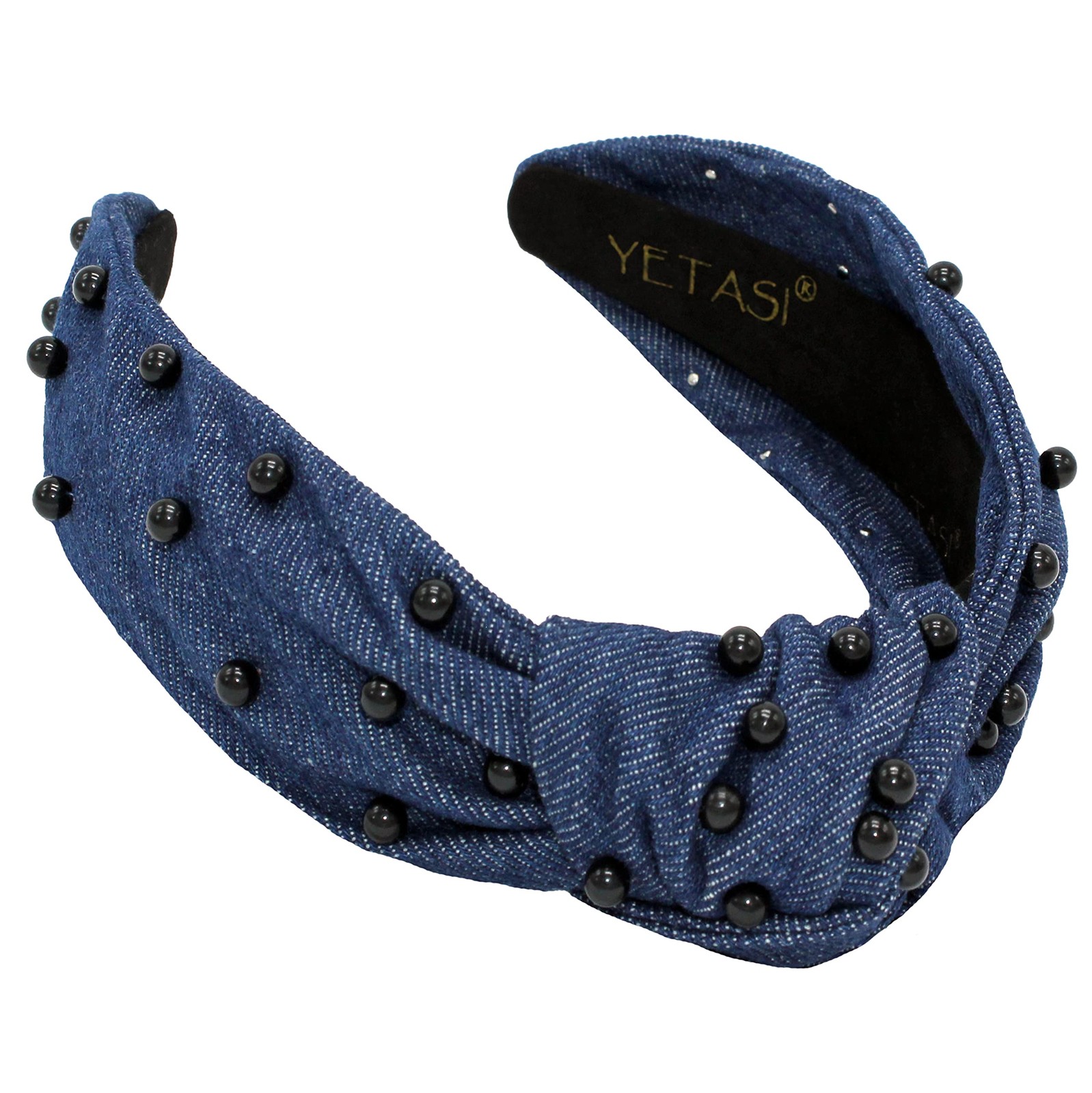 Blue Knotted Headband Women Comfy Denim Black Pearl Dark Jean Top Knot Girl
