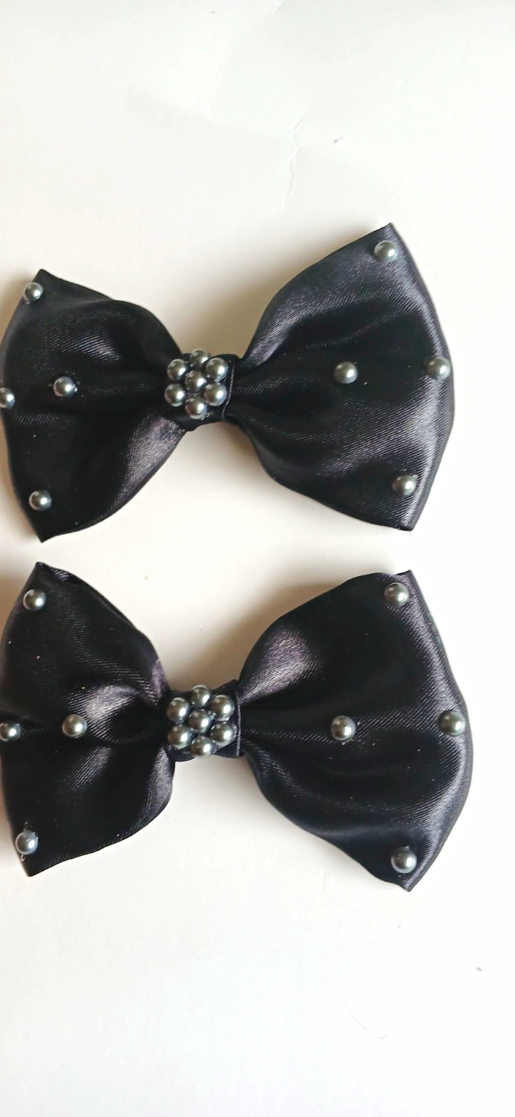 Set of 2 Black Satin Bow Hair Clip Barrettes w/ Silver Rhinestone Accents