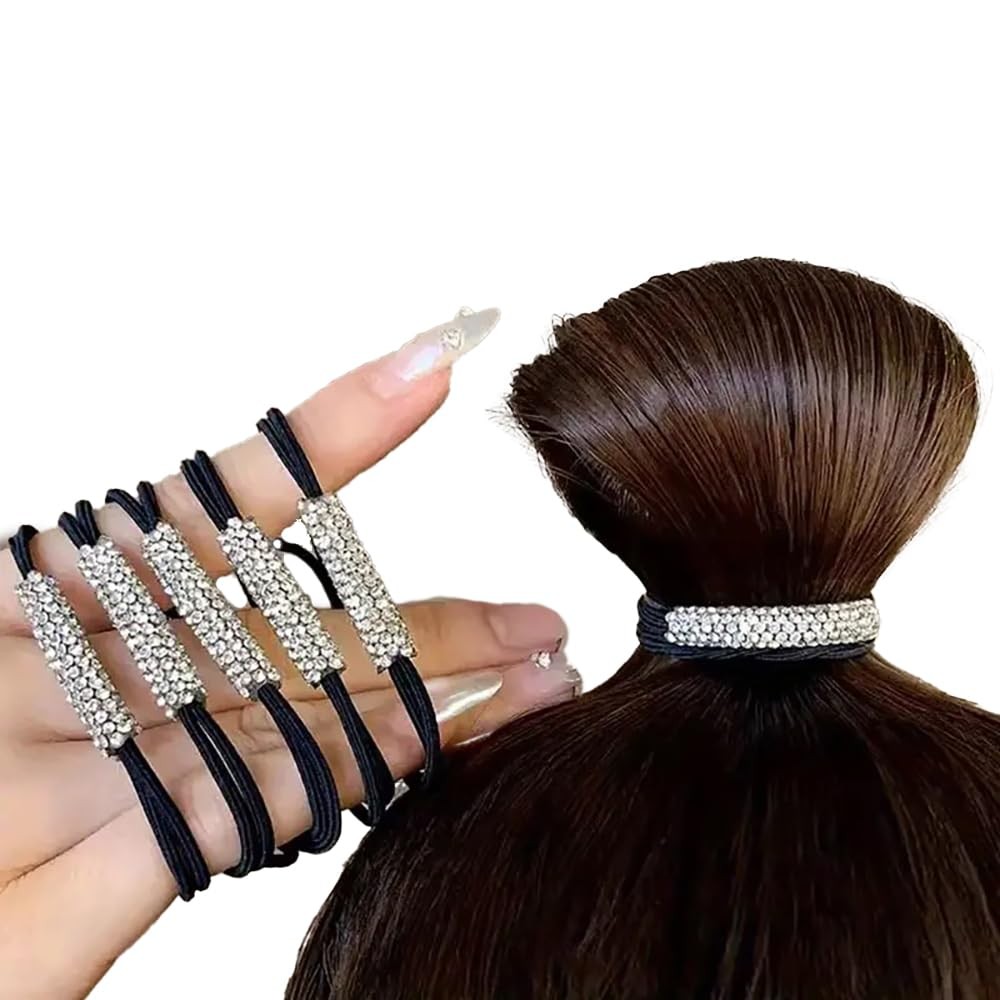 10pcs Black Rhinestone Bling No Damage Hair Ties, Elastic Hair Band, Hair Loo…