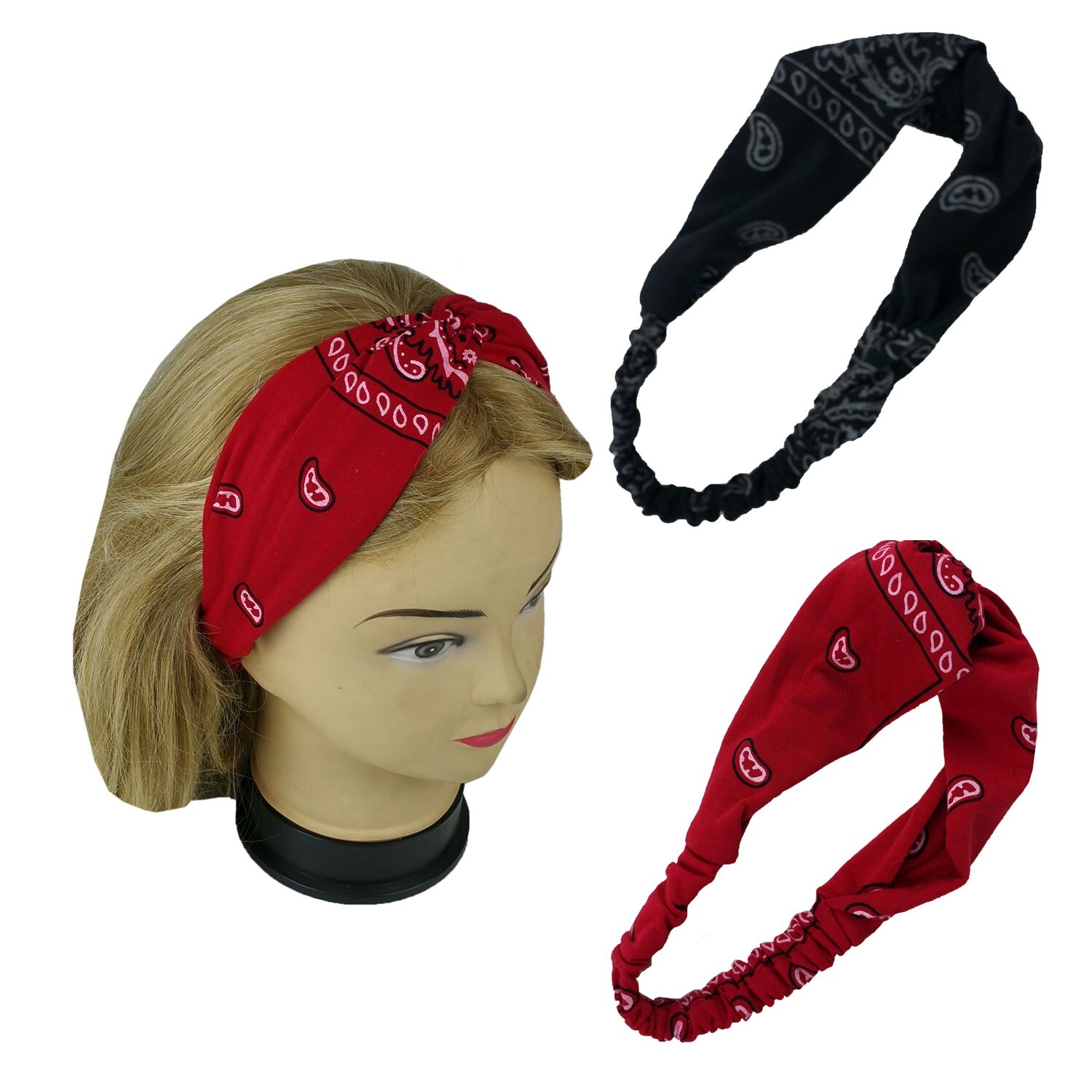 2 Black & Red Bandanna Print Headband Women’s Yoga Hair Wrap Paisley w/Elastic