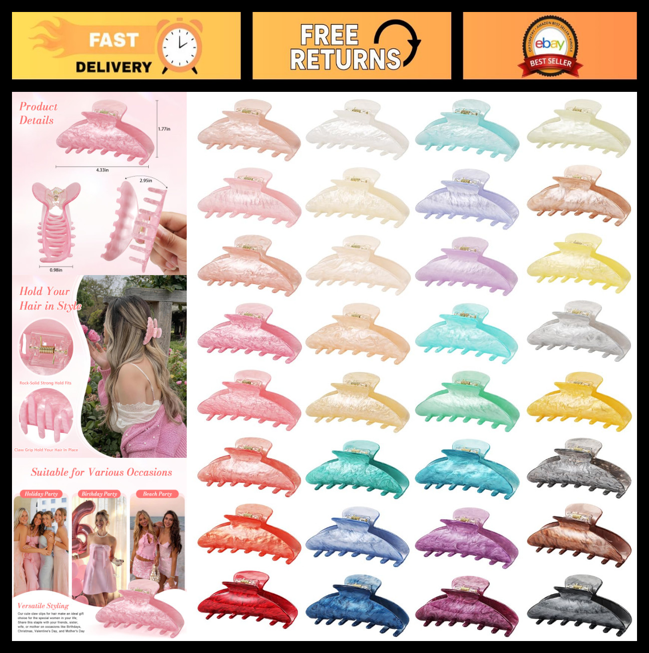 32 PCS Large Acrylic Hair Claw Clips – 4.3″ Strong Hold Non-Slip for Thick & Fin
