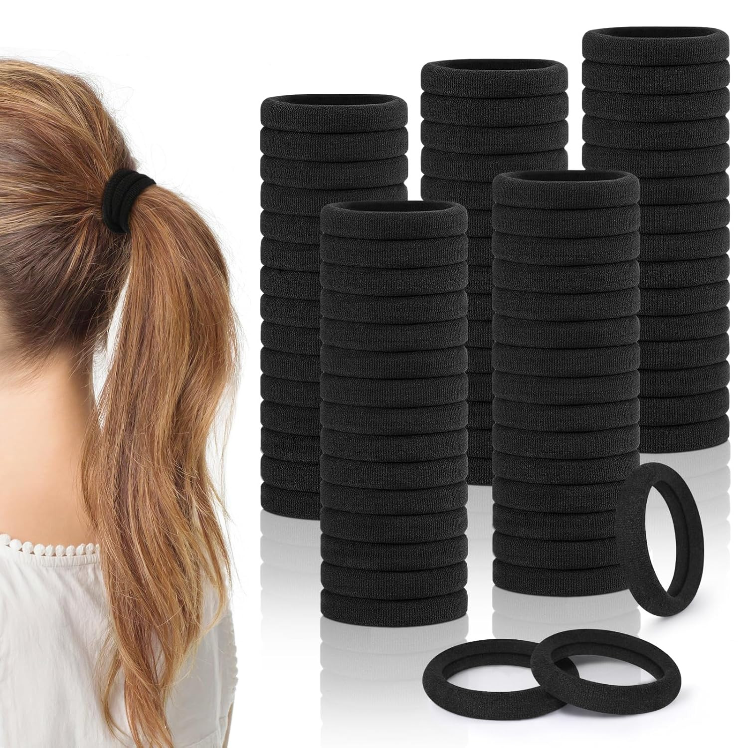 150PCS Black Cotton Hair Bands – Seamless Ponytail Holders, No Damage Elastics f