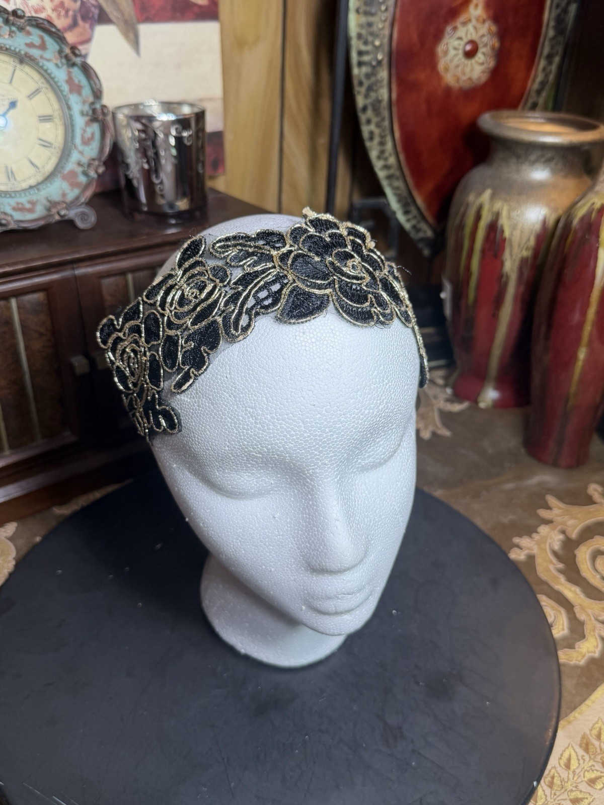 Black Lace Floral Headband Gold Trim Stretch Hair Band Elegant Boho Formal