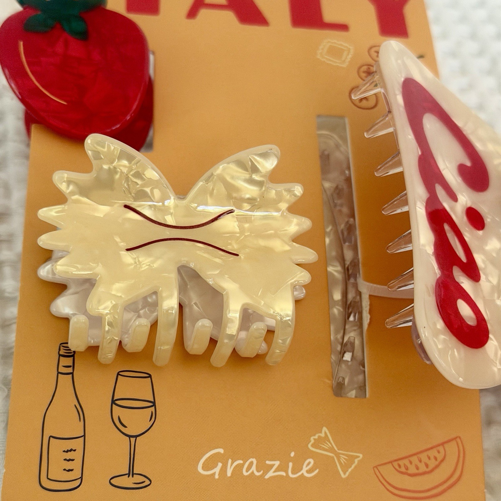 Italian Theme Hair Clips 3pc Red Tomato Pearlescent Farfalle Bowtie Pasta Ciao