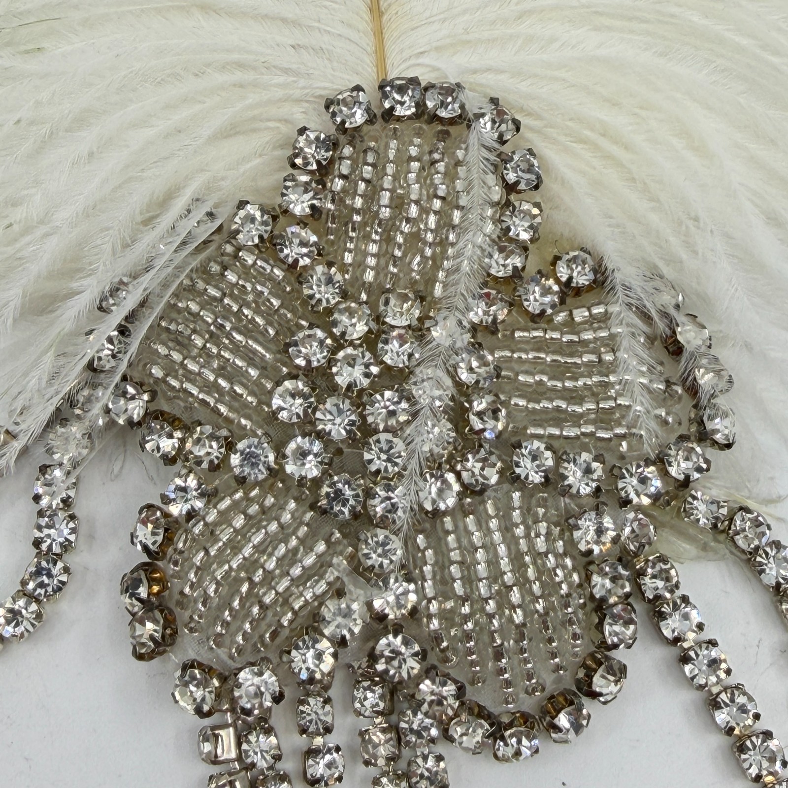 Glamorous 1920s Flapper Headband White Feather Crystal Rhinestone Gatsby Style
