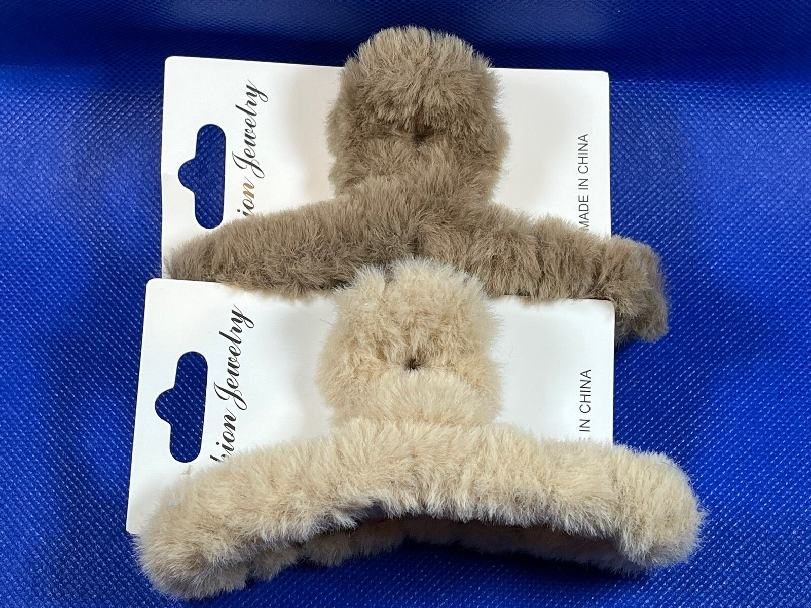 Brown & Tan Faux Fur Fuzzy Hair Accessory Hair Jaw Claw Clip Hair Tie Set Of 2