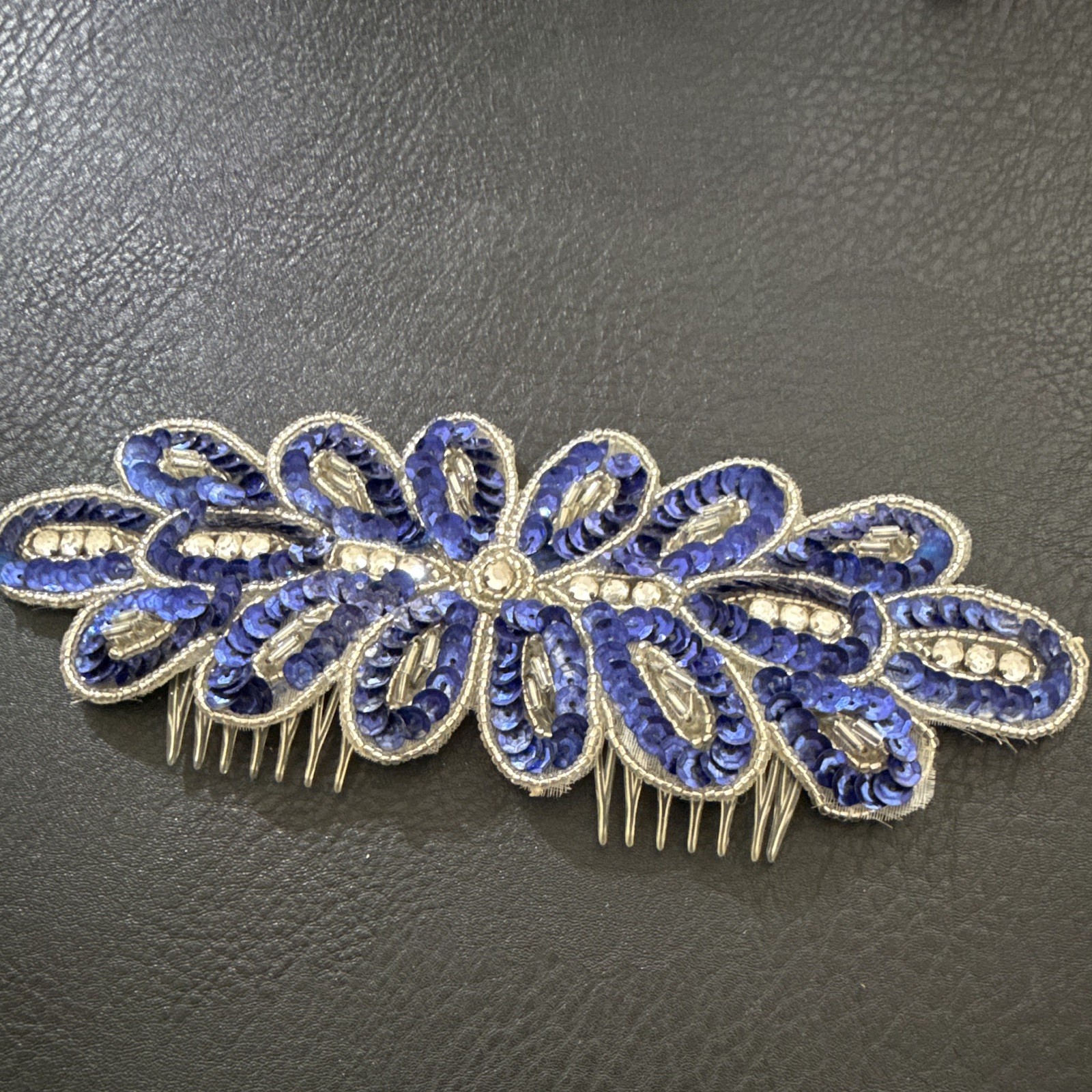Blue & Silver Floral Hair Comb Metal Sequin Beaded Women’s Accessory