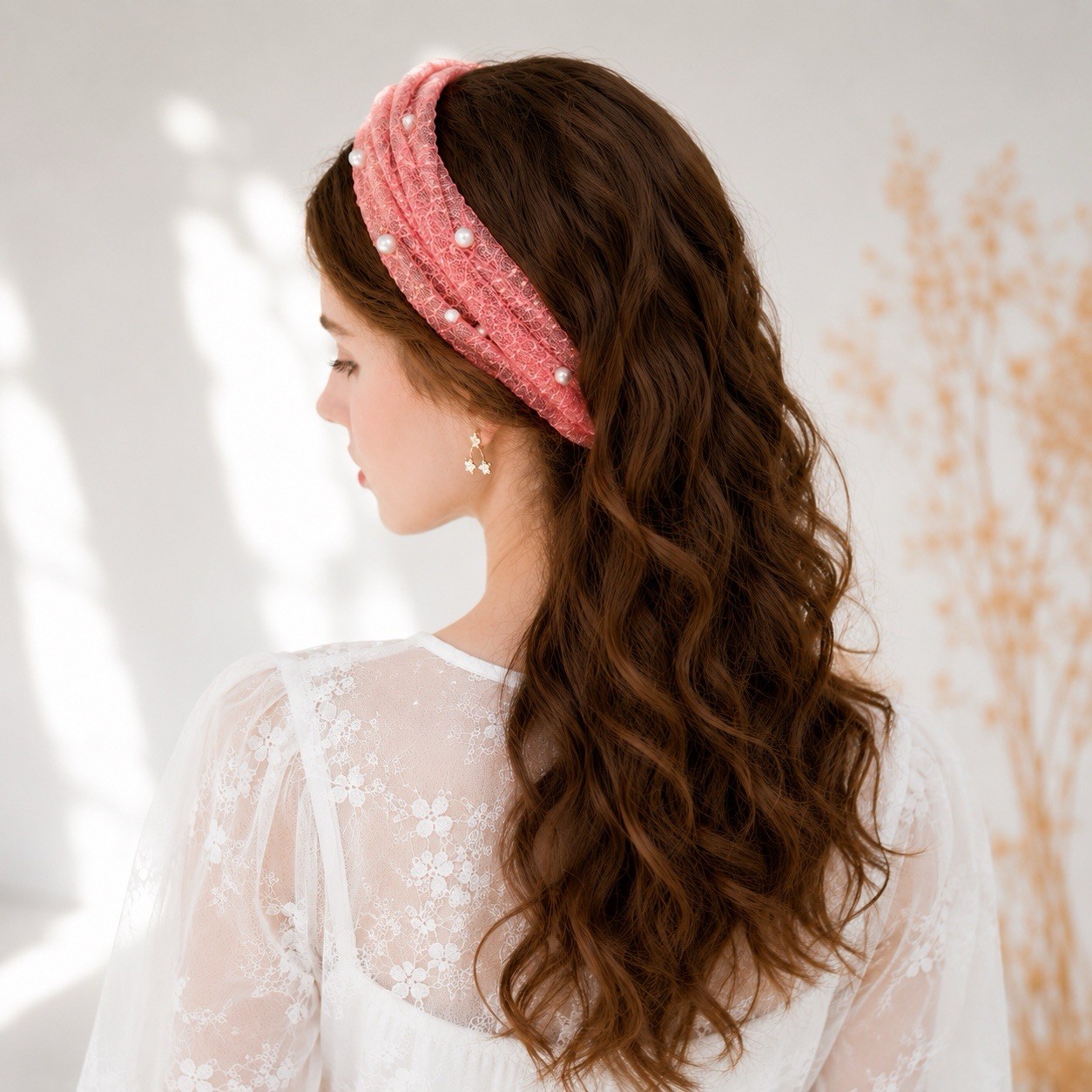 Women’s Pink Floral Lace Pearl Accents Stretch Headband Wedding Hair Accessory